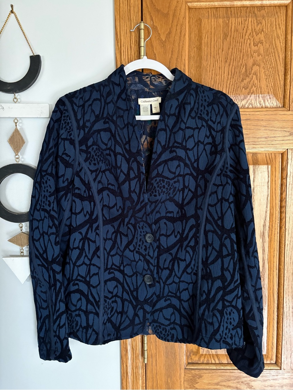 Coldwater Creek Navy and Black Patterned Open Collar Jacket